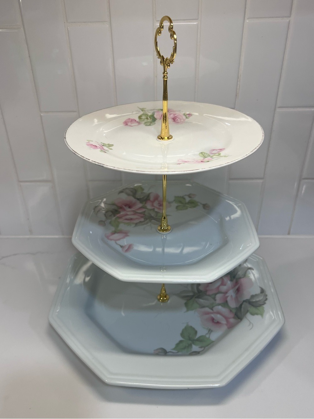 3 Tiered Dessert Stand Vintage White Pink Rose Plates With Gold Connectors
